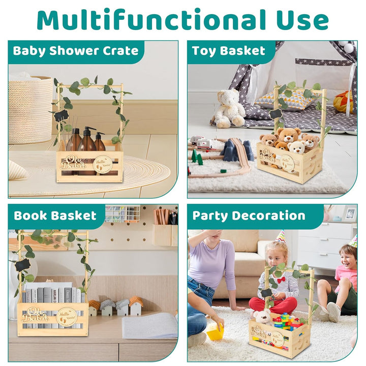 Babyparty Geschenk mit Holz, Babykorb mit 6 Holzkleiderbügel und Dekorblättern, Geschenkkorb Baby Ko