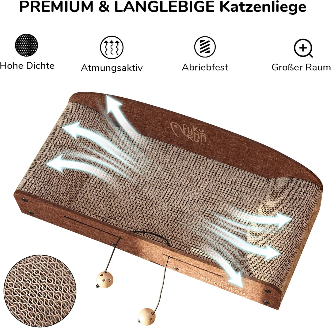 FUKUMARU Kratzbrett Katzen, 66CM langlebiges Kratzpappe und Filz, grosse Liege, 2 wendbare Katzenkra