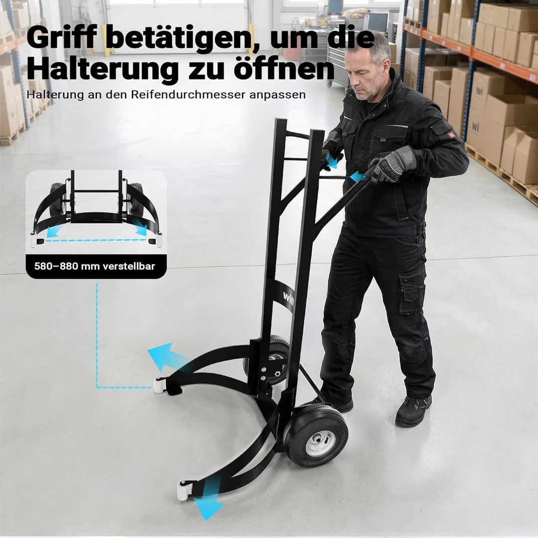 Wiltec Reifenkarre bis 200 kg mit Kippsystem, Transportkarre mit PU Rädern, Reifenwagen mit verstell