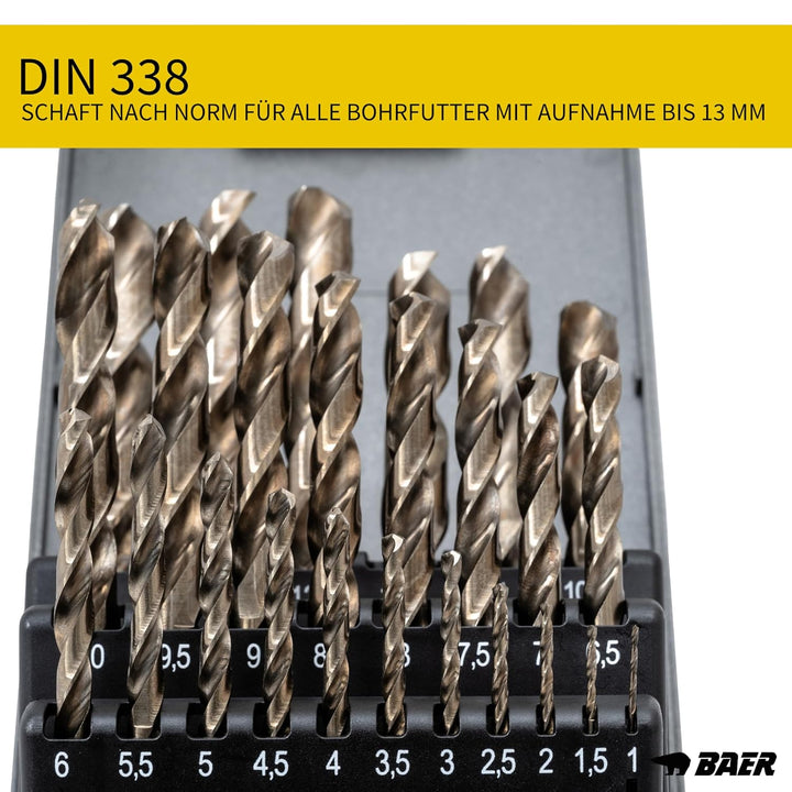 BaerCoil BAER Bohrer Set 25 tlg. - 1–13 mm HSSE in 0,5 mm Schritten - Edelstahlbohrer - 5% Cobalt Sc