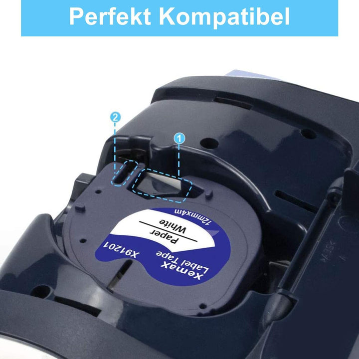 5x XemaX Etiketten Kompatibel für Dymo Letratag Etikettenband 91201 91221 S0721660 12mm x 4m Band Sc