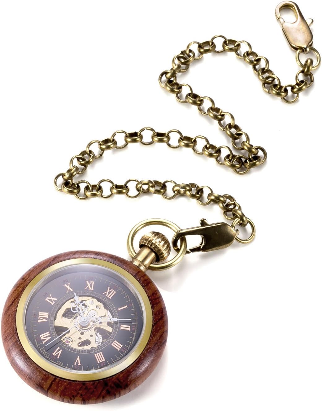 TREEWETO Unisex Holz Taschenuhr mit Kette Analog Handaufzug Skelett Römische Ziffern