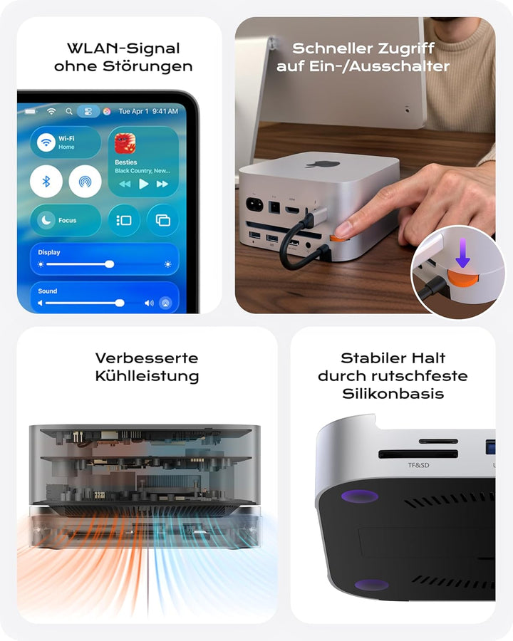 Stouchi Mac mini M4 Dock mit NVMe SSD Gehäuse, M4 Ständer und Hub mit 2x USB A 10 Gbit/s, SD /TF Kar