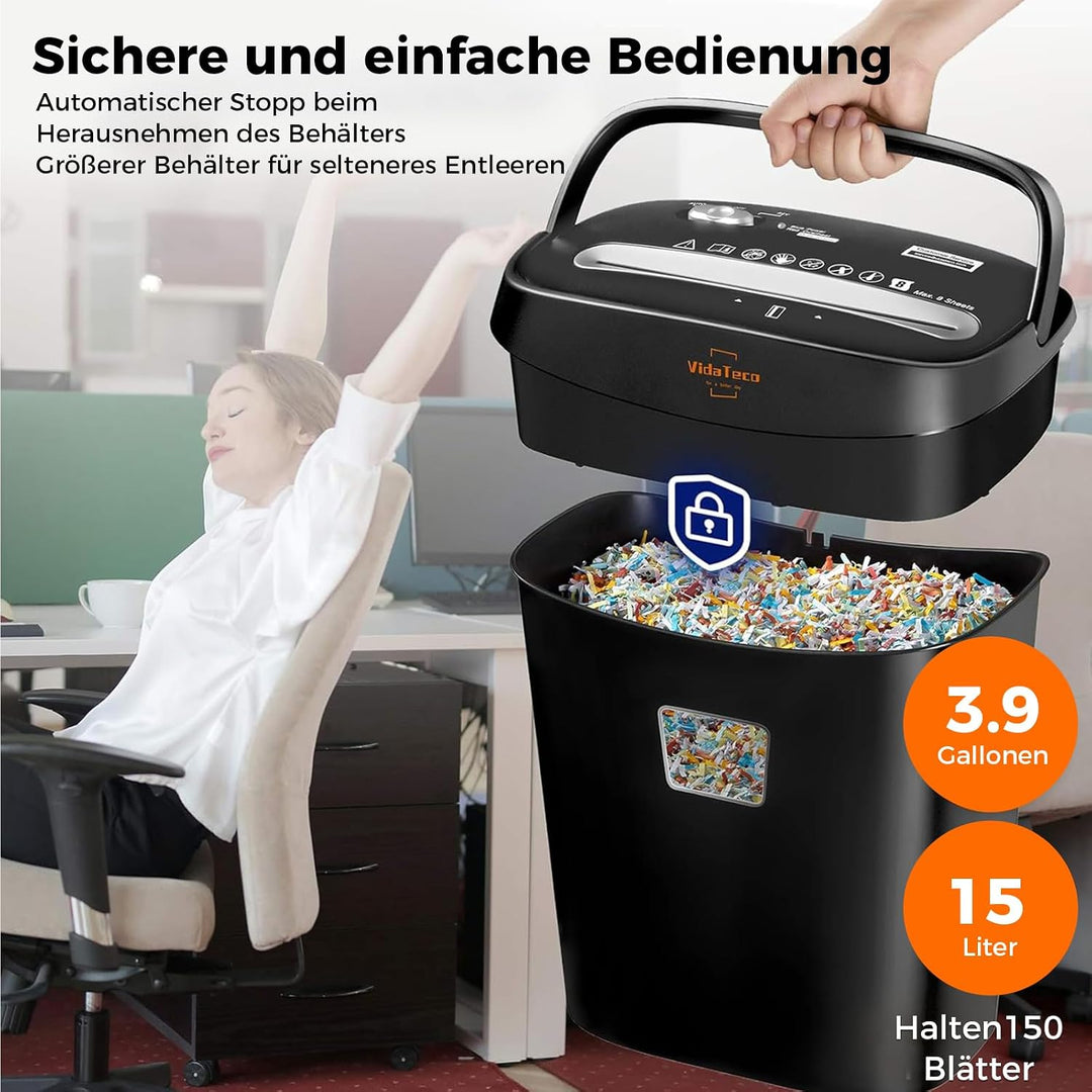 Aktenvernichter, VidaTeco 8 Blatt Kreuzschnitt Papierschredder für Kreditkarten/Heftklammer für Zuha