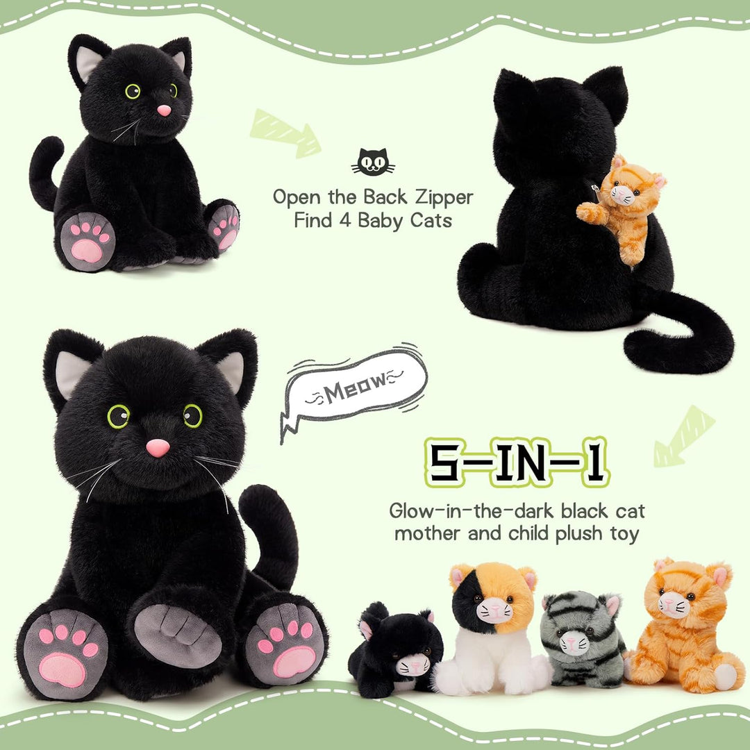 MorisMos 5 stücke Plüsch Katzen, 40cm hoch riesen schwarz Katze Kuscheltier XXL mit Kätzchen Baby im