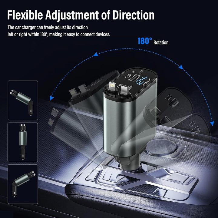Auto Ladegerät Zigarettenanzünder USB C 4in1 56W, KFZ Ladegerät mit 2 einziehbaren Kabeln(Type C, Li