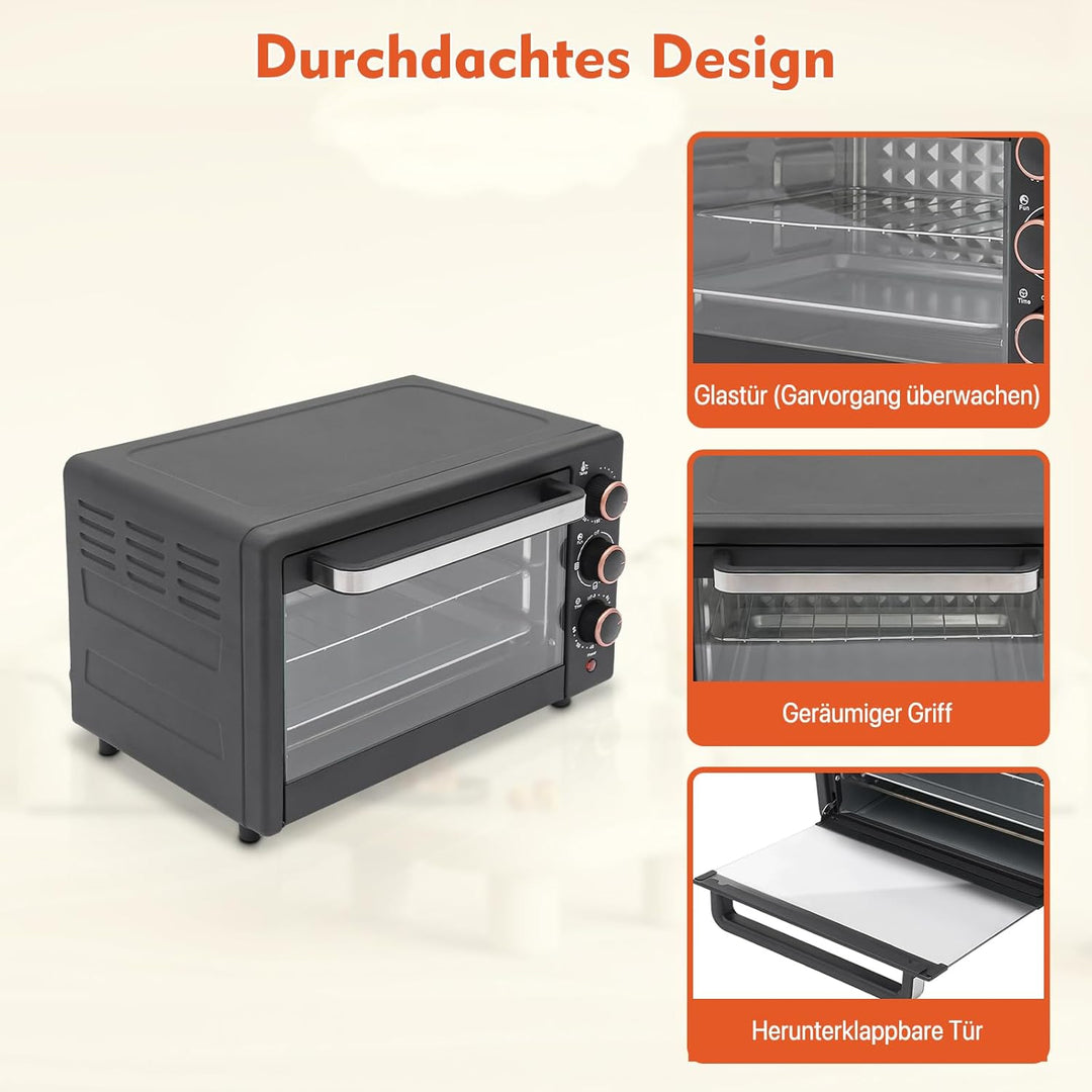 1000W Minibackofen 22L Kompakter Mini Backofen mit Grillpfanne &amp; Grillrost, 4 Heizrohre, Miniofen fü