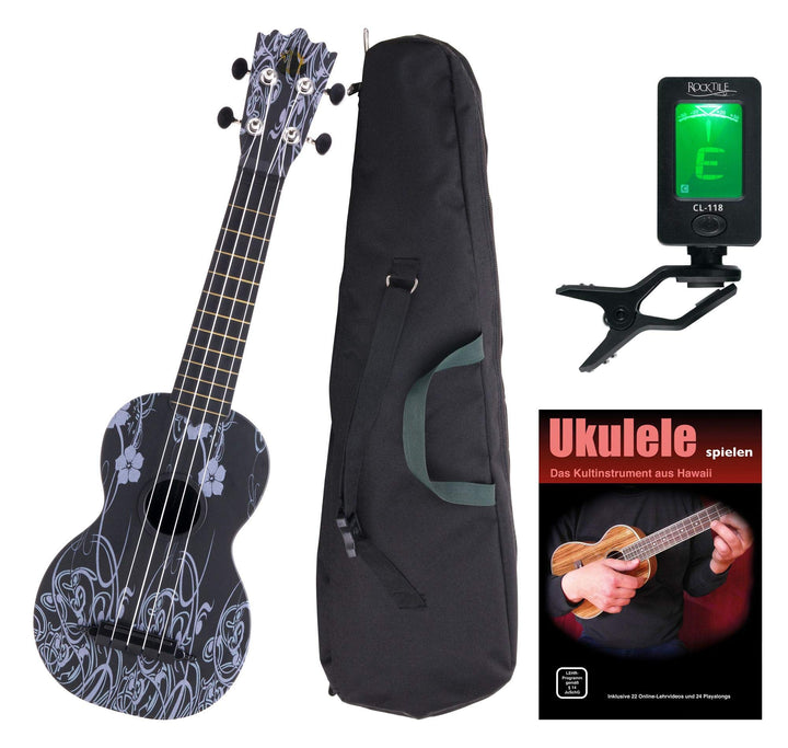 Classic Cantabile BeachBuddy "Black Beauty" Sopran Ukulele SET inkl. Tuner und Noten (Uke, Hawaii Gi