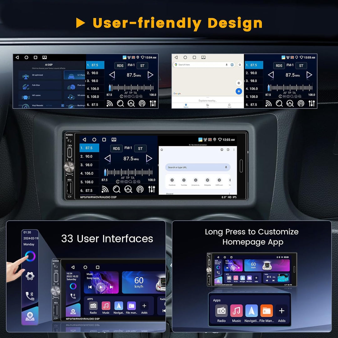 Hikity 1 din Android 15 [2+64G] Autoradio mit Knöpfe Wireless CarPlay Android Auto Mirror Link, 6.9"