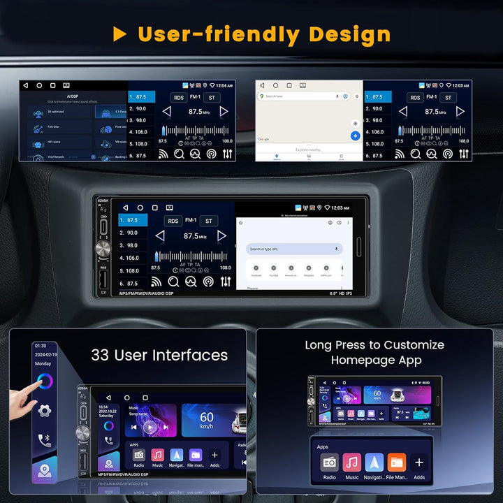 Hikity 1 din Android 15 [2+64G] Autoradio mit Knöpfe Wireless CarPlay Android Auto Mirror Link, 6.9"