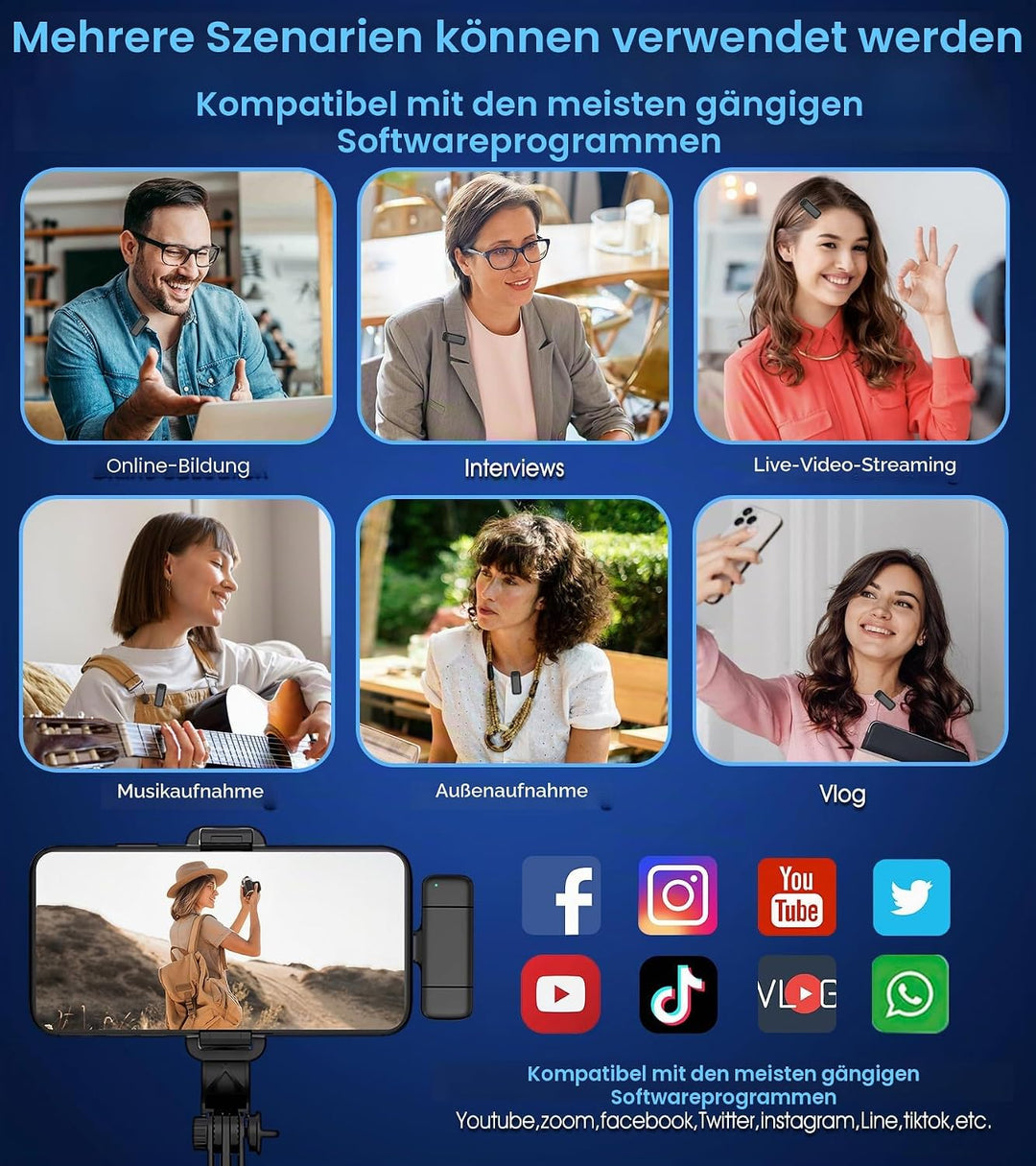 Kabelloses Mikrofon mit Ladehülle für iPhone, iPad, Android, USB-C Lavalier Mikrofon Rauschunterdrüc