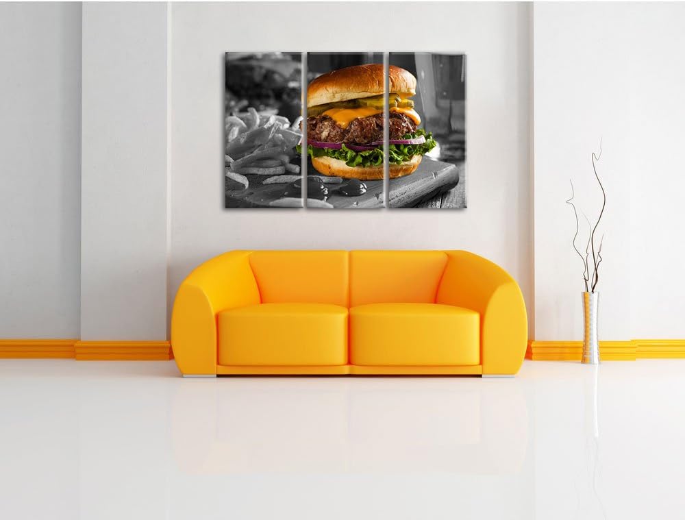 Pixxprint Saftiger Chili Cheese Burger Schwarz/Weiss 3-Teiler Leinwandbild 120x80 Bild auf Leinwand