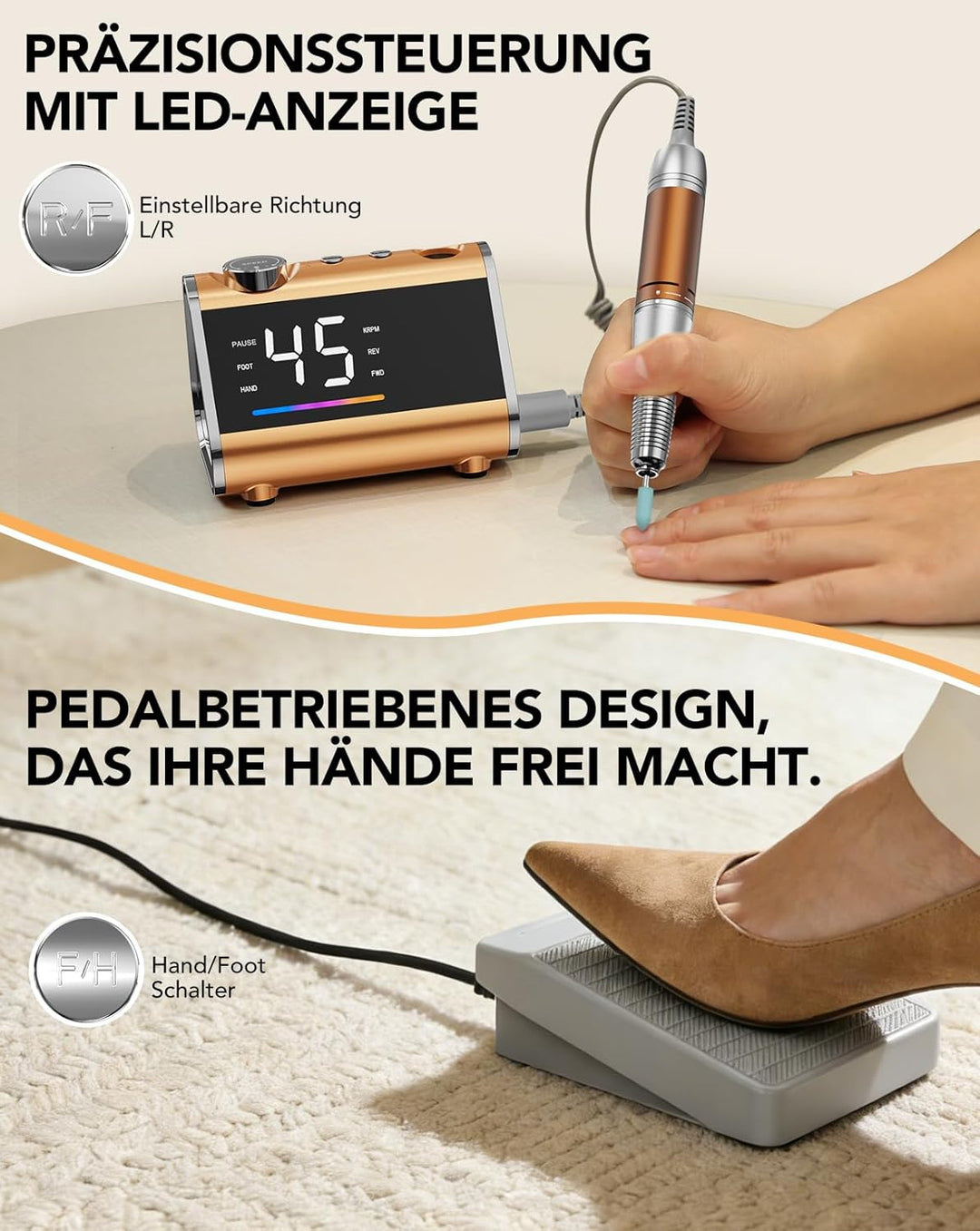 Profi Elektrische Nagelfräser 45.000 U/min Maniküre Set mit Fusspedal Netzbetrieb Nagelbohrer für Ac