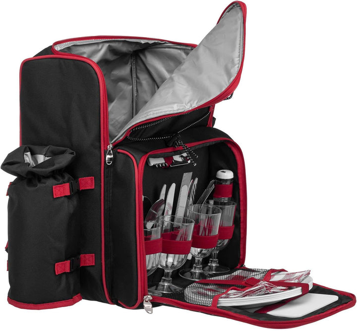 anndora Picknickrucksack 4 Personen schwarz weiss gepunktet + 29-TLG. Zubehör