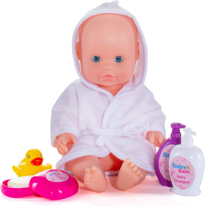 Prextex 8 Stück Puppe Bad Set mit Puppe, Badewanne, Bademantel und Badezubehör - Baby Dalia Puppe Ba