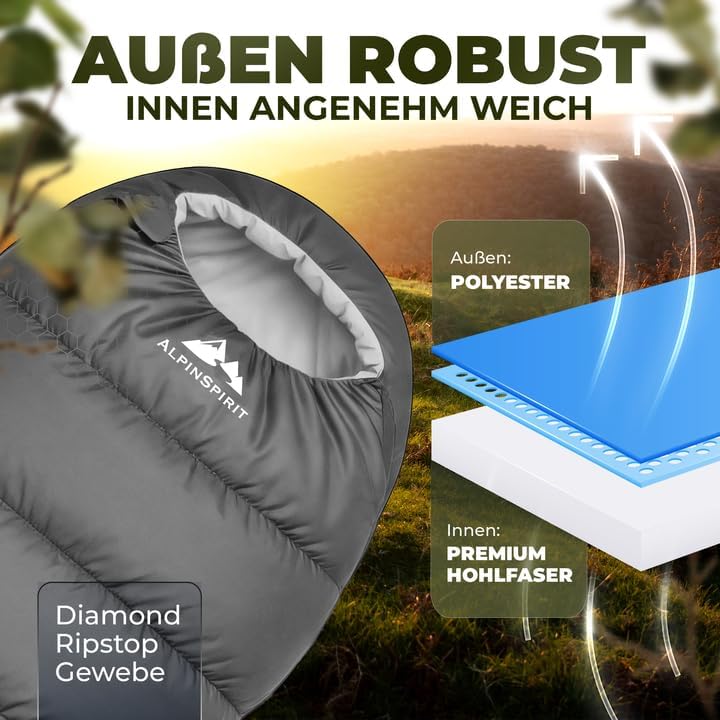 Schlafsack [Ultraleicht] 3 Jahreszeiten Sommer & Winter, kleines Packmass, Komfort, 210x75 cm, leich