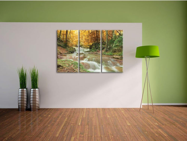 Pixxprint Waldbach im Herbst als Leinwandbild/Grösse: 3 Teilig (120x80) cm/Wandbild/Kunstdruck/ferti
