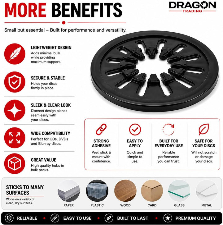 Dragon Trading CD-/DVD-Hubs mit selbstklebender Rückseite, Rosetten, Schwarz, 100 Stück