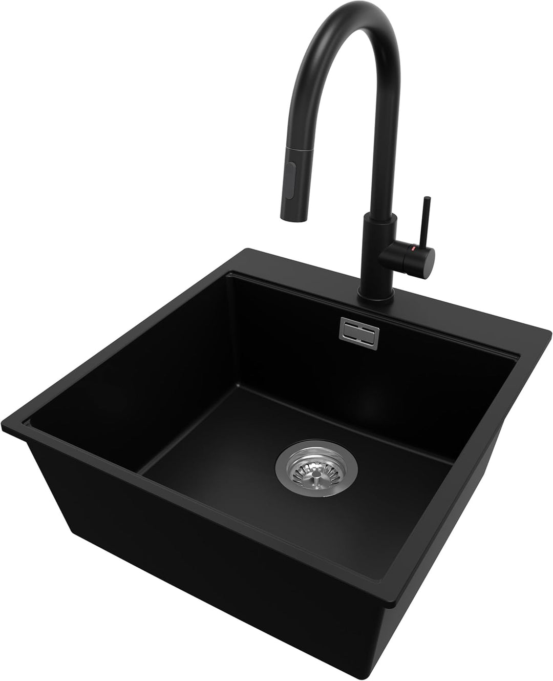 PRIMAGRAN Granitspüle Schwarz 48x50cm, Spülbecken 1 Becken + Ablauf-Set + Küchenarmatur 40x22cm, Küc
