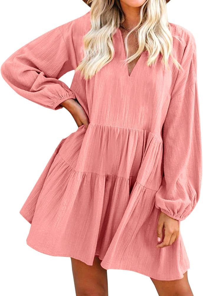 FANCYINN Damen Cute Shift Kleid mit Taschen Glockenärmel Rüschen Saum V Ausschnitt Lose Swing Tunika