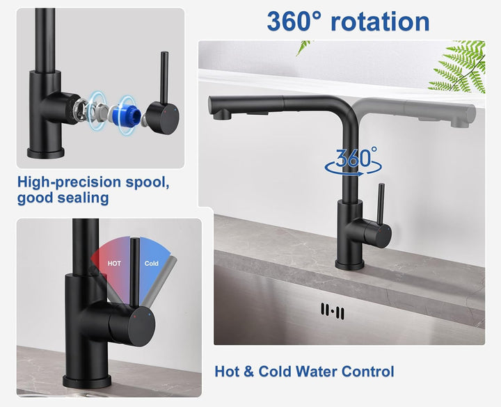 WOOHSE Küchenarmatur mit Brause Ausziehbar, Hochdruck Wasserhahn Küche Schwarz 360° Drehung, Spültis