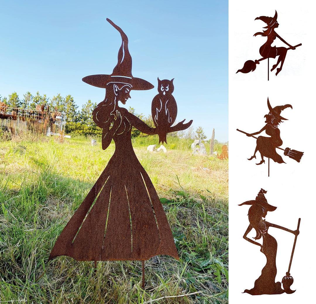 STEINFIGURENWELT GIEBEN Hexe mit Eule auf dem Arm gross 90x54cm Gartenstecker Edelrost Halloween Hex