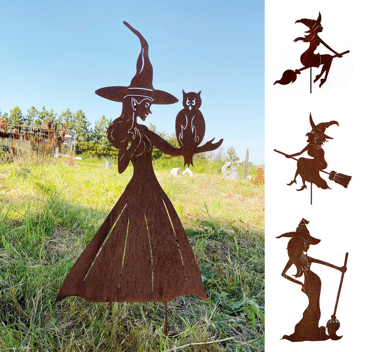 STEINFIGURENWELT GIEBEN Hexe mit Eule auf dem Arm gross 90x54cm Gartenstecker Edelrost Halloween Hex
