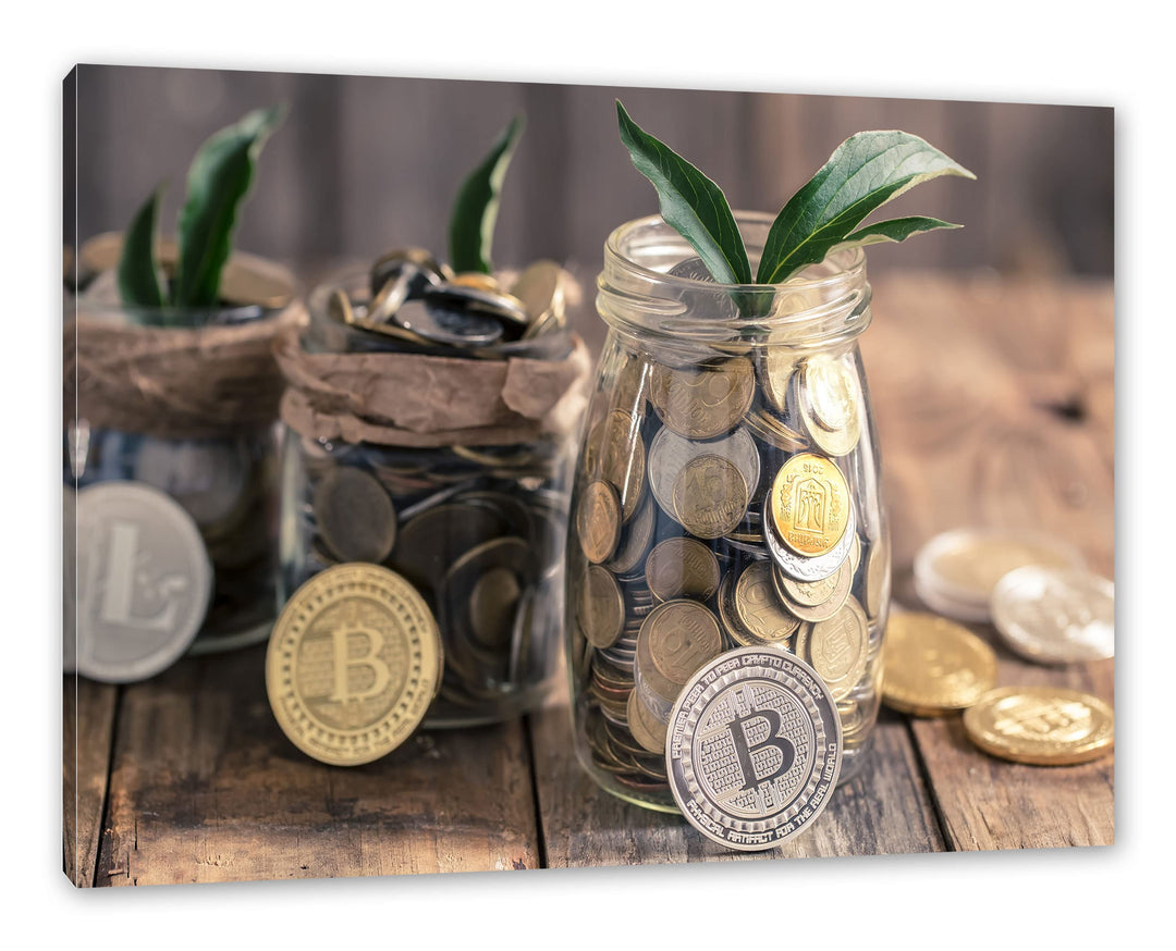 Pixxprint Bitcoins BTC im Glas als Leinwandbild | Grösse: 120x80 cm | Wandbild | Kunstdruck | fertig