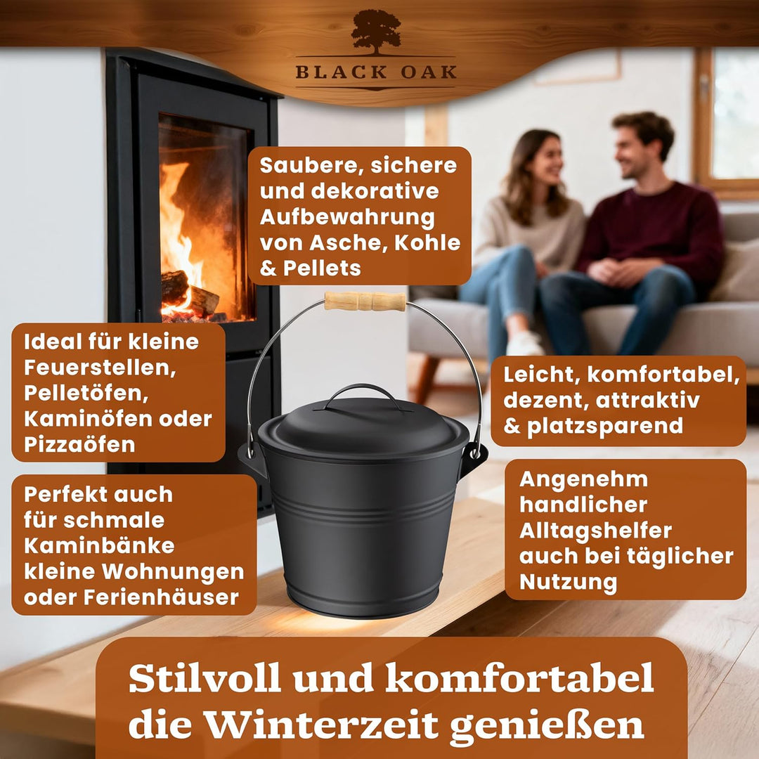 BLACK OAK Ascheeimer PITON 5L - schwarz mit Deckel & Holz-Griff + Handschuhen - 5L gross Stahl feuer