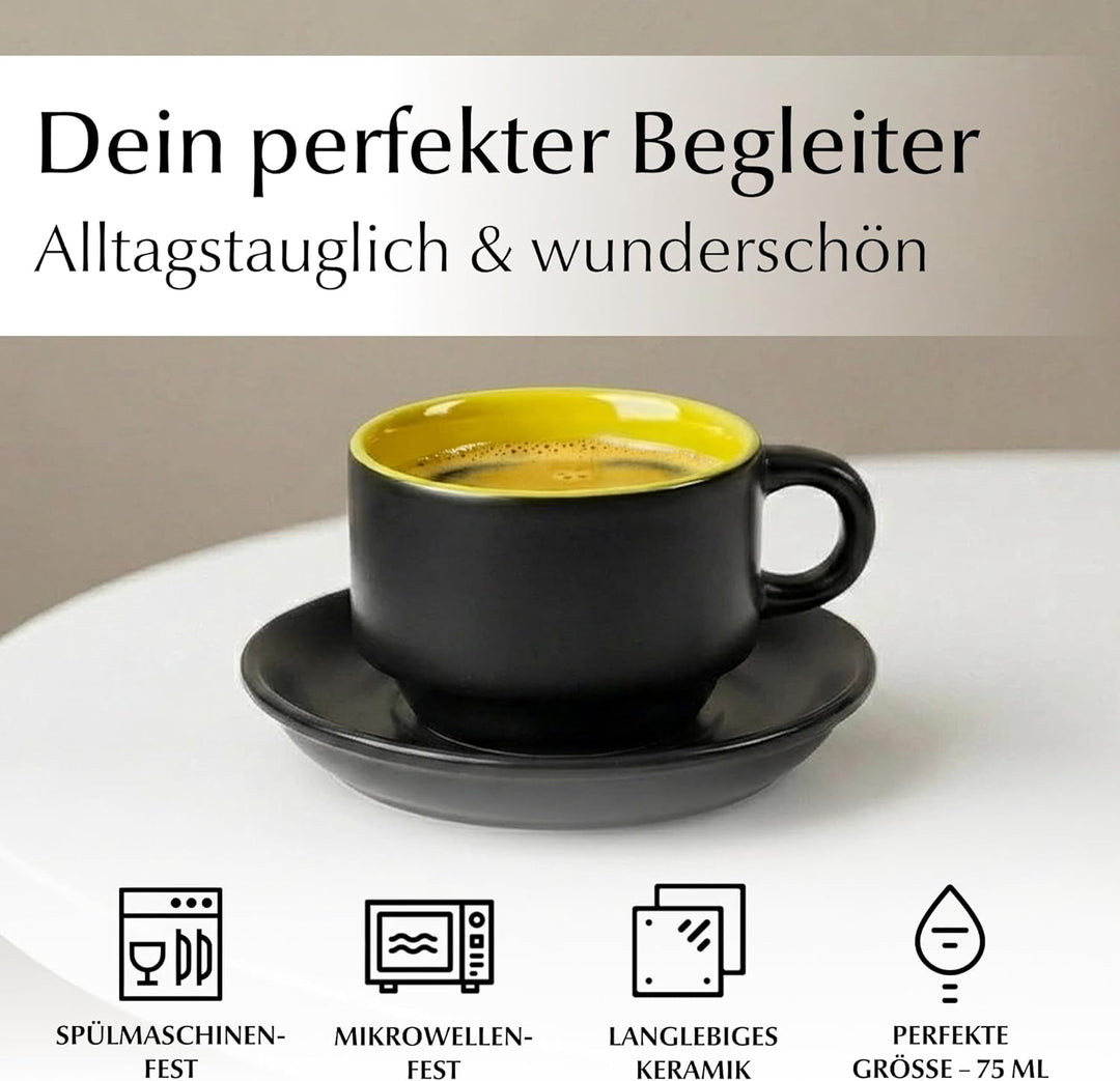MIAMIO - 6 x 75 ml Espressotassen Set/Espresso Tassen Set mit Untertasse & Ständer - Kaffeetassen Se