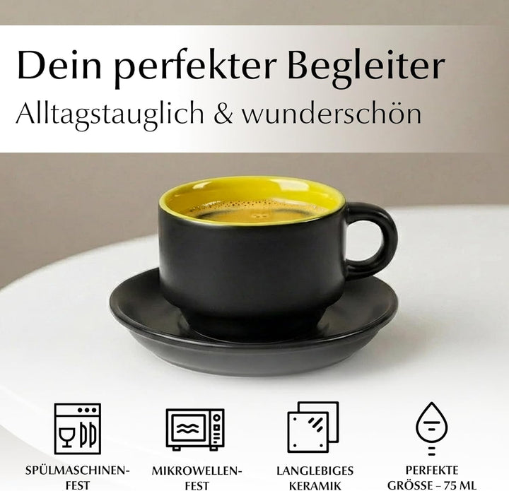 MIAMIO - 6 x 75 ml Espressotassen Set/Espresso Tassen Set mit Untertasse & Ständer - Kaffeetassen Se