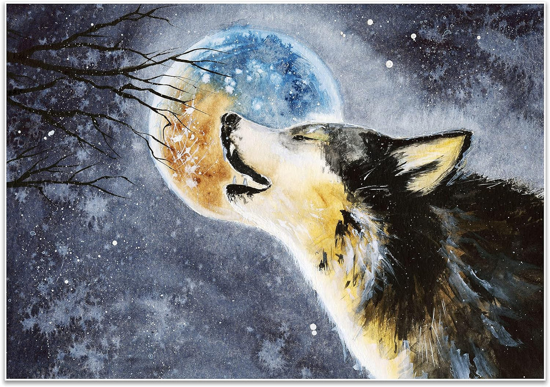 wandmotiv24 Poster als Wanddeko, Grösse 100x70cm, Heulender Wolf, Gemälde, Mond, Mitternacht, Tier,