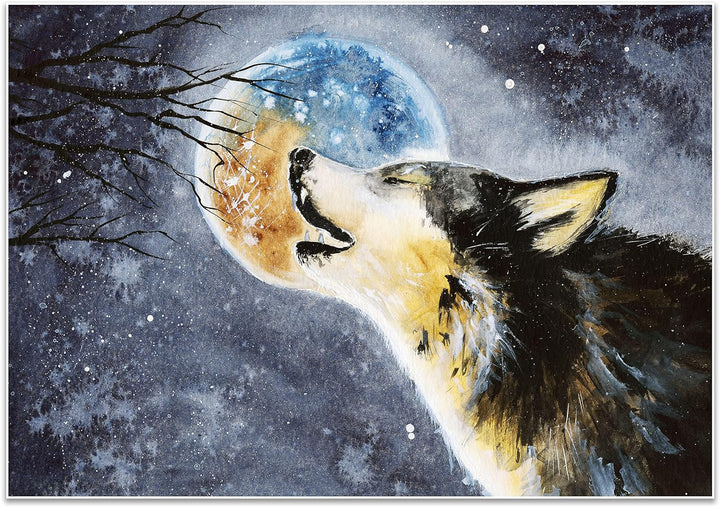 wandmotiv24 Poster als Wanddeko, Grösse 100x70cm, Heulender Wolf, Gemälde, Mond, Mitternacht, Tier,
