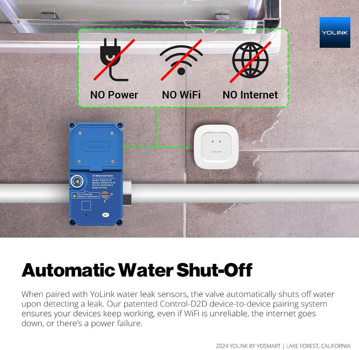 YoLink LoRa Smart Wasserleckschutzsystem, 2,5 cm Ventil, batteriebetrieben (10+ Jahre), NSF-zertifiz