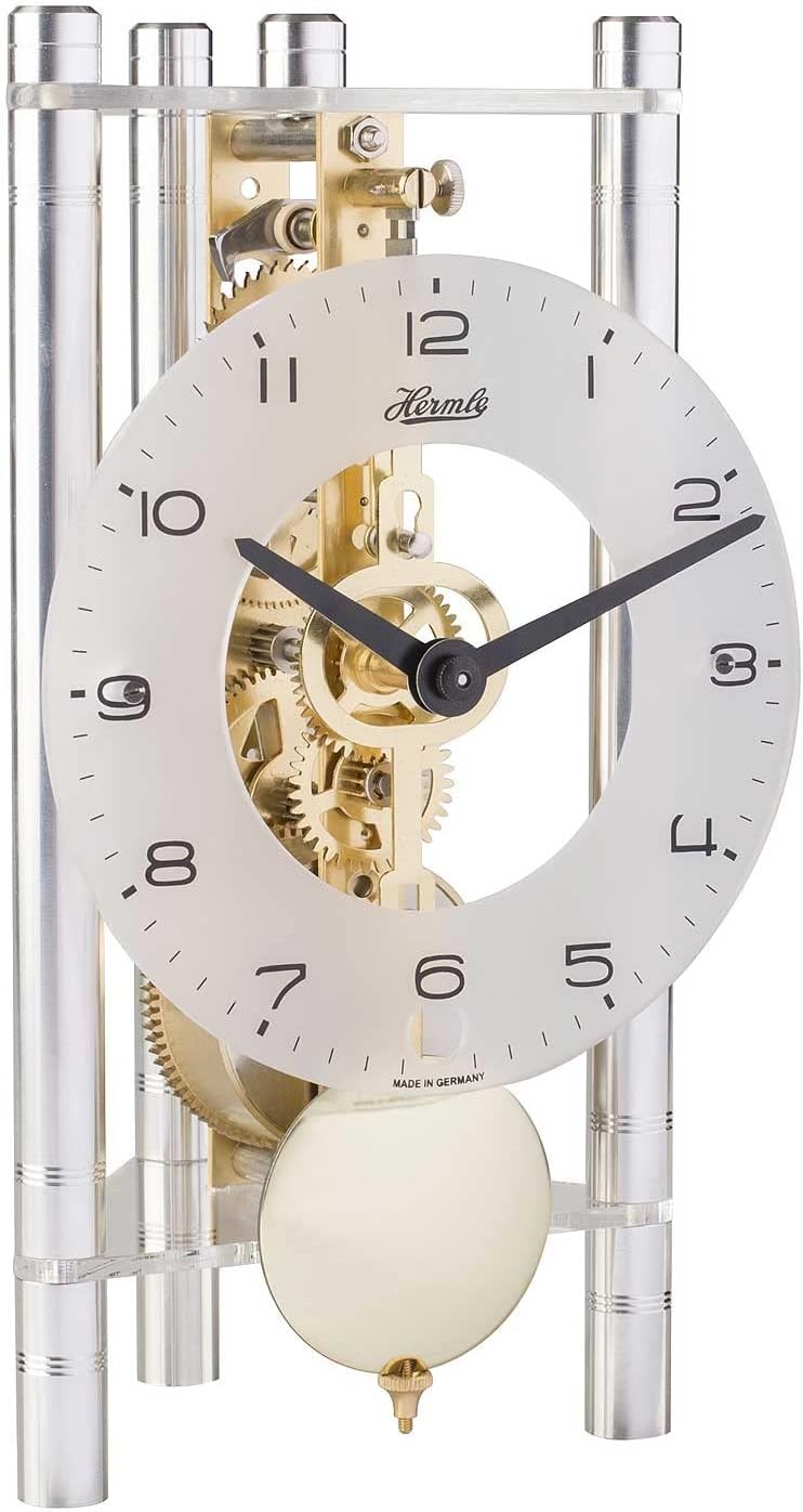 Hermle Skelett-Tischuhr mit eloxierten Aluminiumsäulen - Dreieck 23022-X40721, arabisches Zifferblat
