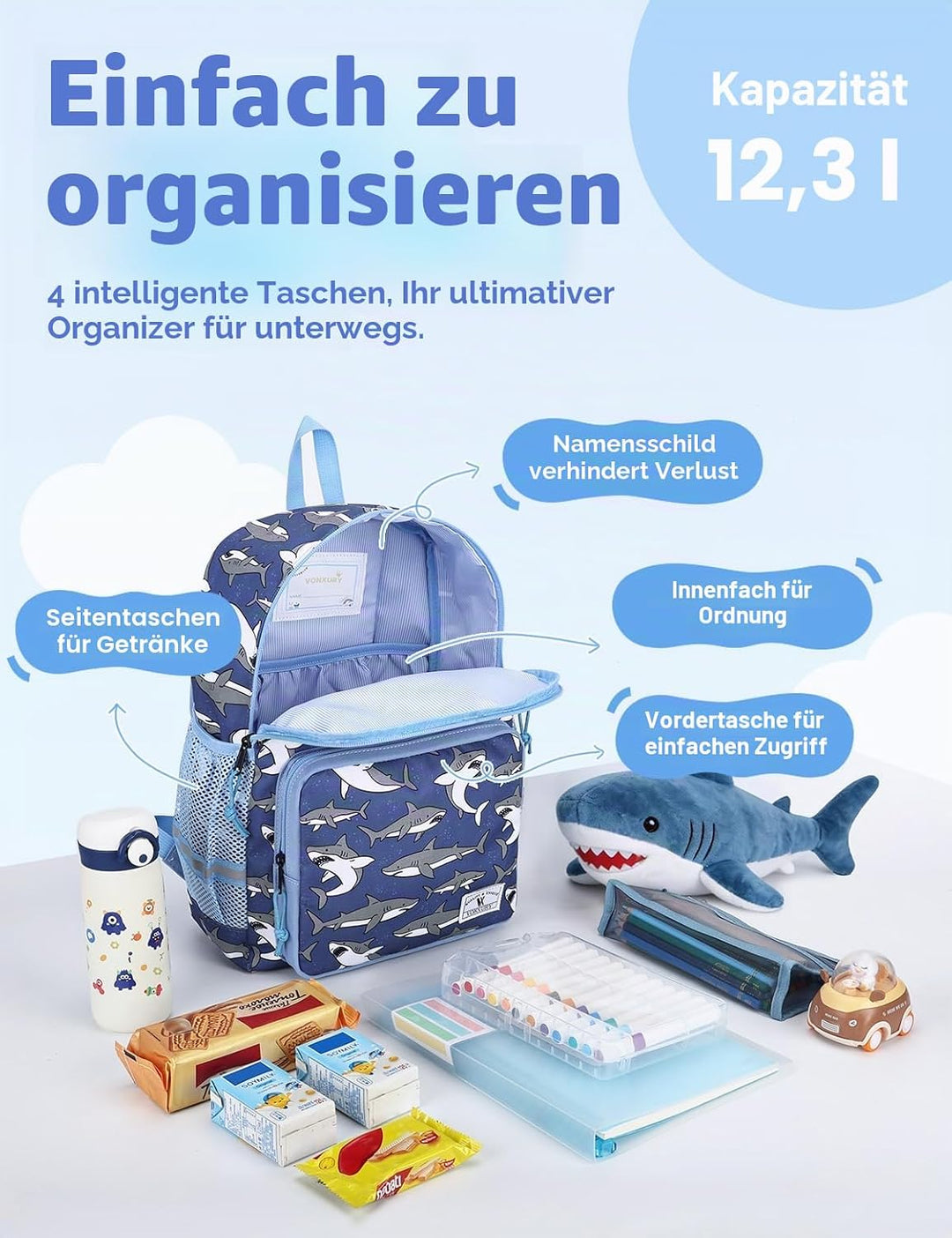 VX VONXURY Kinderrucksack 12L | 3-8 Jahre Jungen Mädchen | Vorschule Kindergarten Bookbag mit Brustg