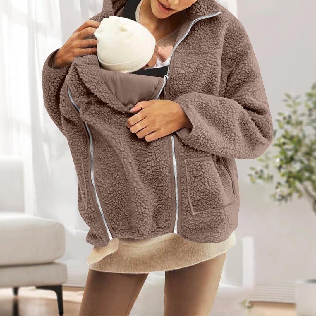 SYDUZAX Umstandsjacke mit Babyeinsatz Warm Teddy Fleecejacke Umstands Baumwolljacke Winter Umstandsm