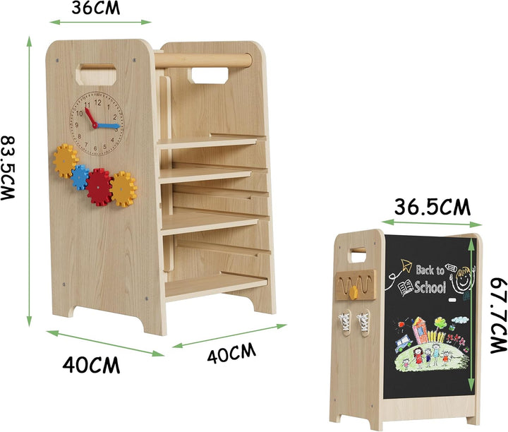 Montessori Lernturm ab 1 Jahr 4-in-1 Trittleiter Holz mit Tafel & Schiebeleiter 4-Fach Höhenverstell