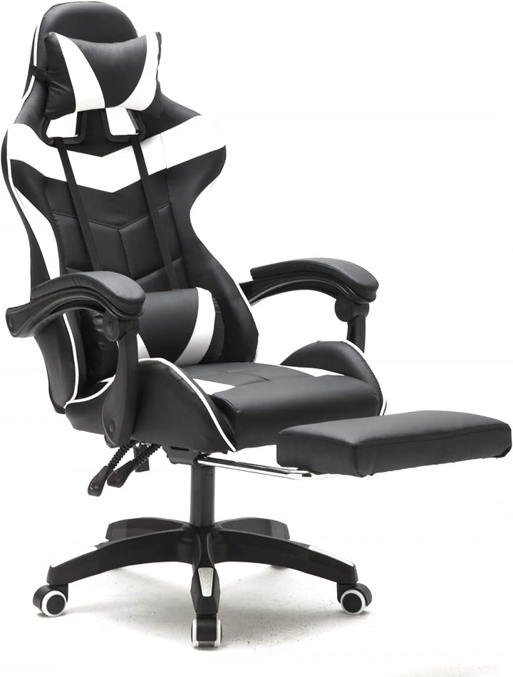 VDD Gaming Stuhl Cyclone mit Fussstütze - Bürostuhl - Racing Gaming Stuhl - Weiss Schwarz