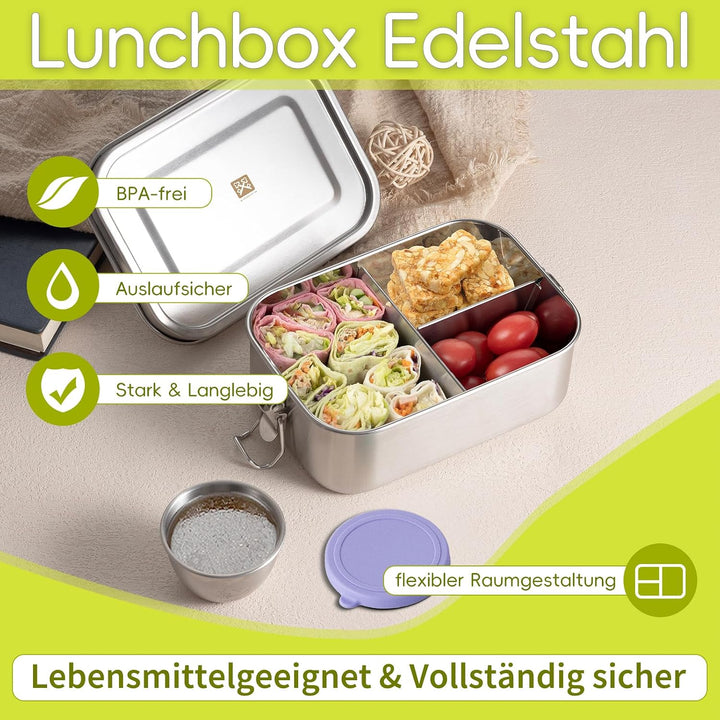 GOLDEN KEY Edelstahl Brotdose kinder,Lunchbox Edelstahl 800ml mit Fächern &amp; Dichtung,bento box edels