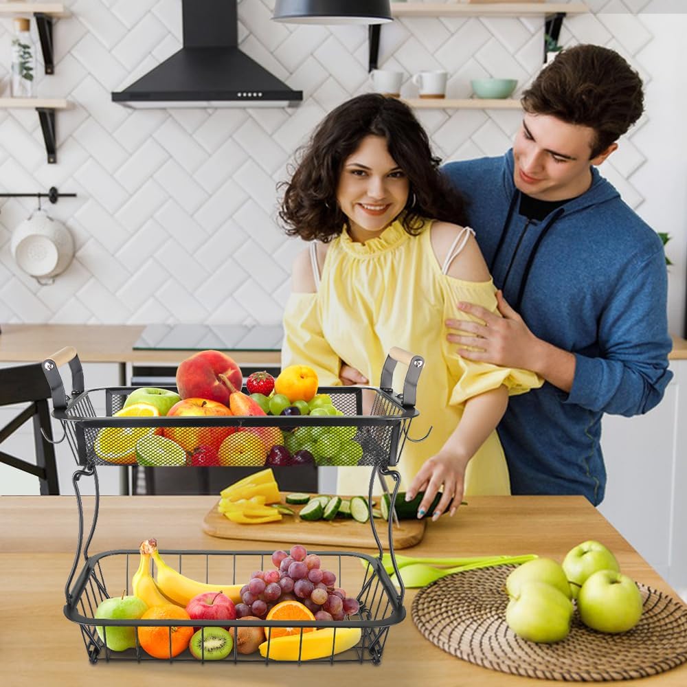 Aufbewahrungskorb aus Metalldraht, Obstständer für Brot, Snacks, Obstkorb mit 2 Bananenbügeln, Obst-