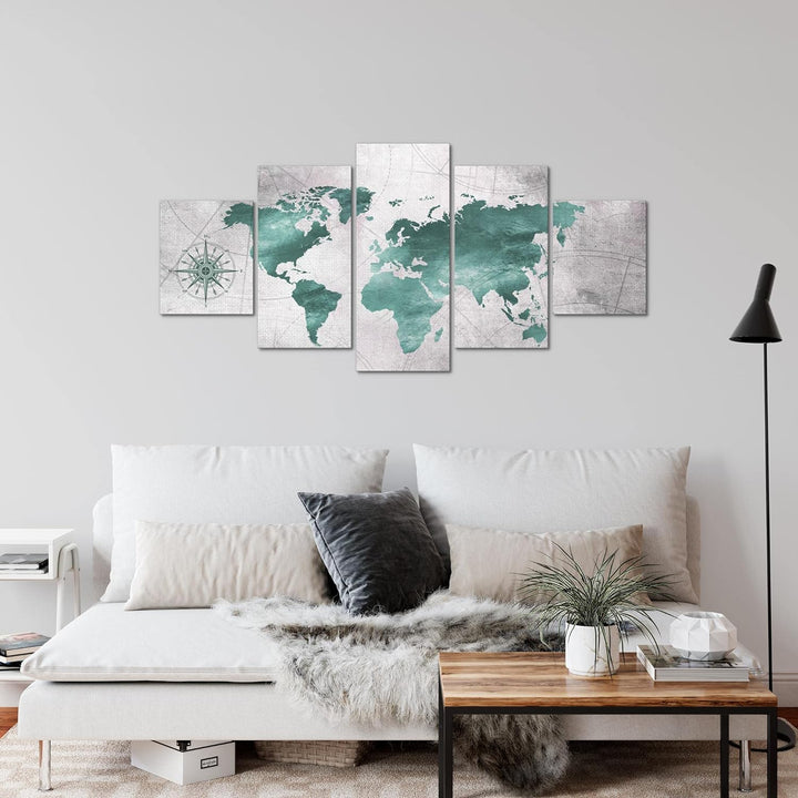 Runa Art Wandbilder Weltkarte 5 Teilig Bild auf Vlies Leinwand Deko Büro Wohnzimmer Betonoptik Schwa