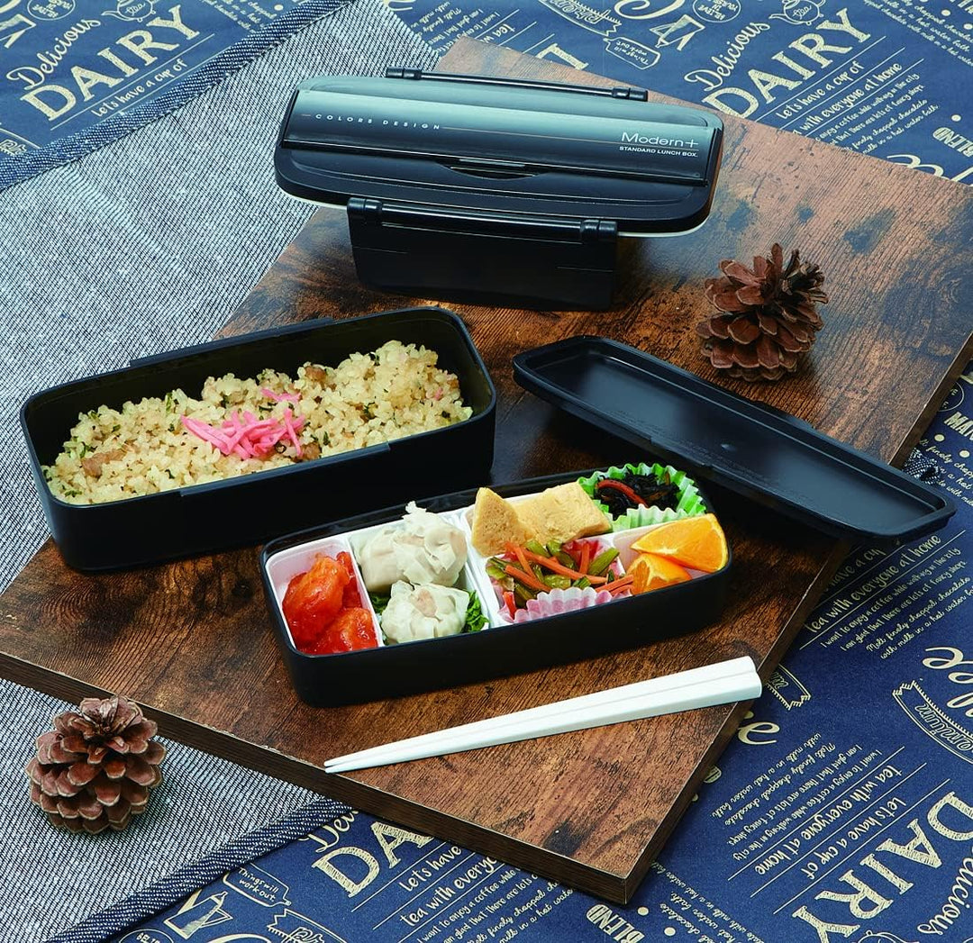 SKATER Japanische Moderne und traditionelle Bento-Lunchbox, 2 Ebenen, 900 ml, Essstäbchen Schwarz, S