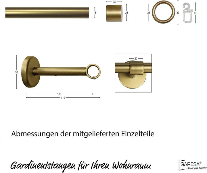 Garesa Gardinenstange Rustika Ø 16mm, 1-läufig, Gold, matt I Rustikale Vorhangstange aus Metall inkl