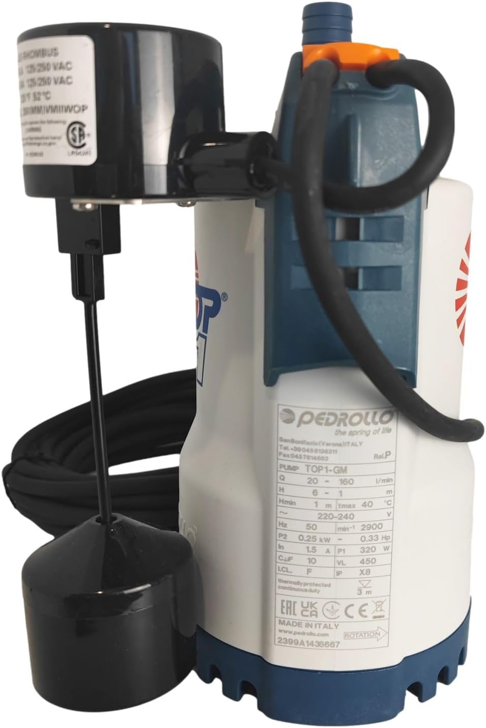 Hebepumpe Pedrollo Top 220 V, 1 g, Regenwasser, vertikal, 9,6 m³/h, 0,25 kw