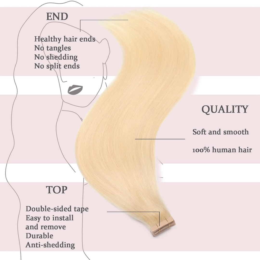 HotLulana Tape In Extensions Echthaar Bleach Blonde Real Hair Extensions 20Pieces 50g Skin Weft Hair