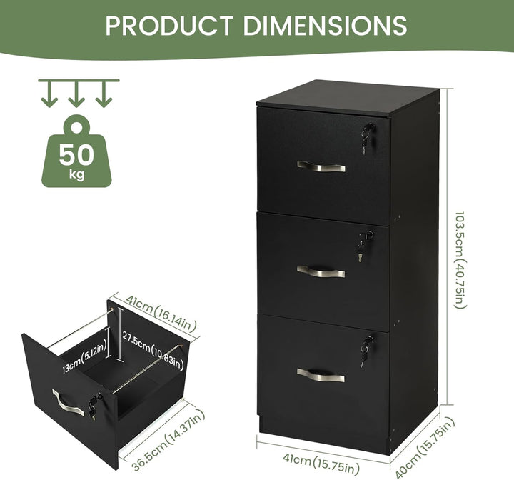 Büroschrank Abschliessbar mit 3 Schubladen, Schubladenschrank 40×41×103.5cm 3 Schubladen-Schwarz, 3