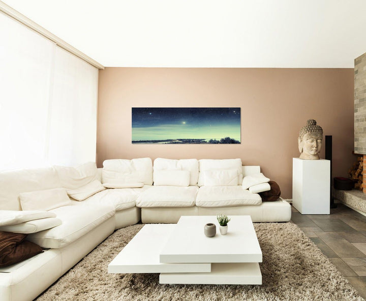 Paul Sinus Art Panoramabild auf Leinwand und Keilrahmen 150x50cm Küste Meer Nacht Himmel Sterne