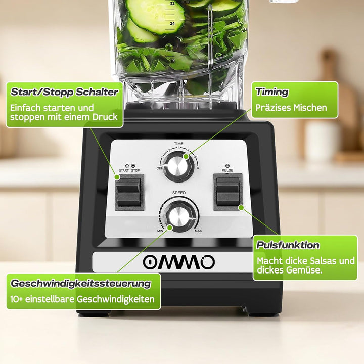 OMMO 2L Standmixer Hochleistungsmixer, Mixer Smoothie Maker Max 1800W | für Eisbrechen, Milkshakes,