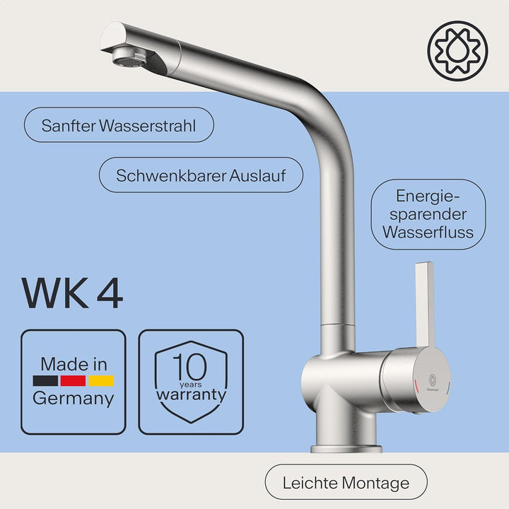 WK4 Küchenarmatur - Design-Wasserhahn Küche - Edelstahl-Optik - 360° drehbar - Armatur mit Energiesp